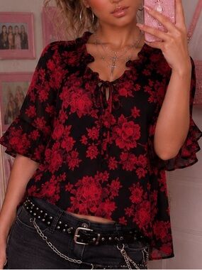 Ruffle Romantic Whimsigoth Black & Red Floral Tie-Front Blouse